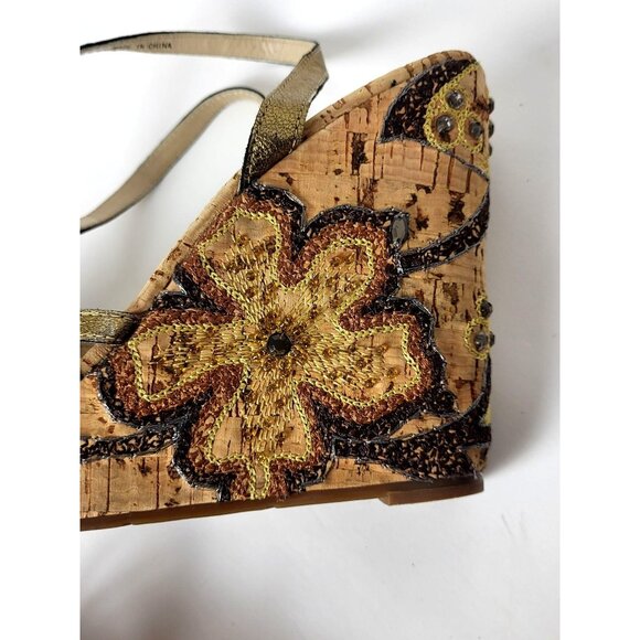 Richard Tyler Wedges Beads Embroidery Brown and Gold Sandals Size 6.5 - Picture 7 of 14